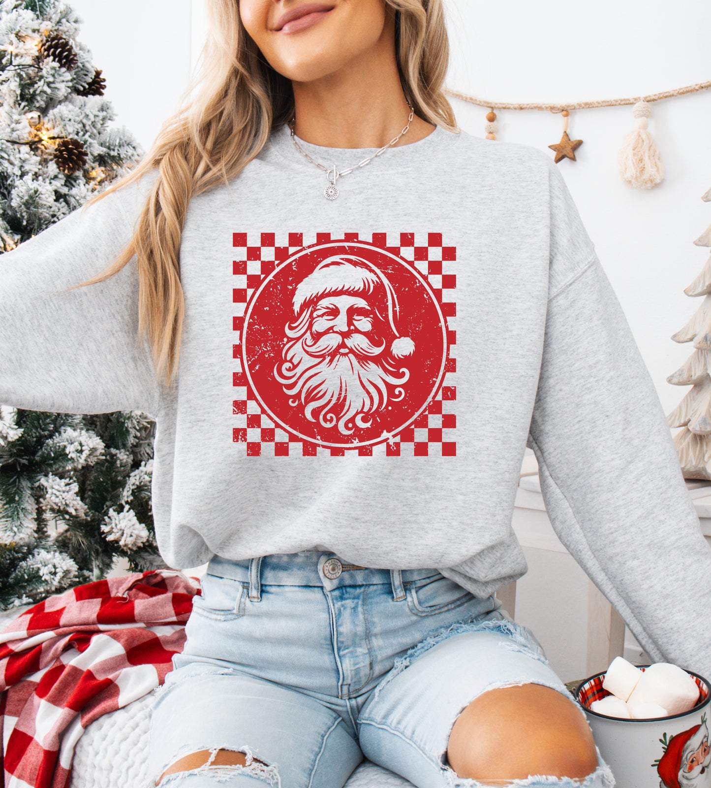 Santa Checkered Christmas Sweater, Red Print