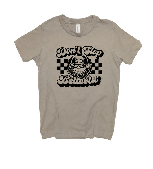 Don't Stop Believin' - Rad Santa Checkered Christmas Youth T-Shirt